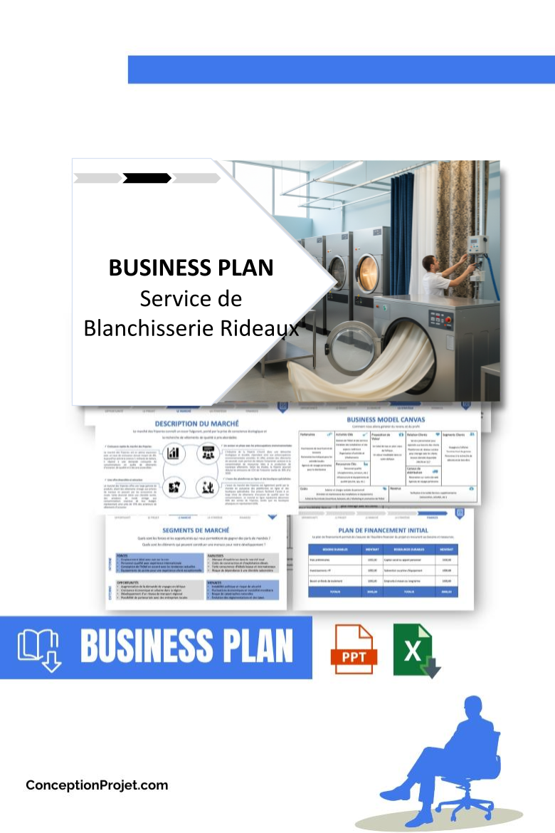 Pack Business Plan pour Service de Blanchisserie Rideaux - Modèle de business plan professionnel pour Service de Blanchisserie Rideaux, spécialement conçu pour les entrepreneurs, incluant un prévisionnel financier 100% automatisé, une stratégie marketing intégrée, ainsi qu’une analyse complète (SWOT, Business Model Canvas, étude de marché et analyse des risques). Ce document au design moderne et entièrement personnalisable sous Word est structuré pour répondre aux exigences des banques et des investisseurs, tout en permettant un gain de temps considérable grâce à son contenu pré-rédigé.