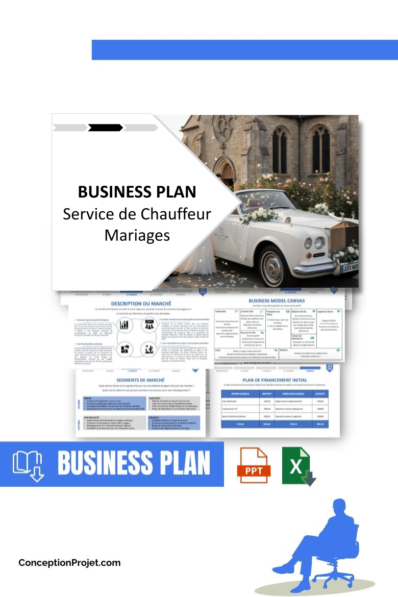 Pack Business Plan pour Service de Chauffeur Mariages - Modèle de business plan professionnel pour Service de Chauffeur Mariages, spécialement conçu pour les entrepreneurs, incluant un prévisionnel financier 100% automatisé, une stratégie marketing intégrée, ainsi qu’une analyse complète (SWOT, Business Model Canvas, étude de marché et analyse des risques). Ce document au design moderne et entièrement personnalisable sous Word est structuré pour répondre aux exigences des banques et des investisseurs, tout en permettant un gain de temps considérable grâce à son contenu pré-rédigé.
