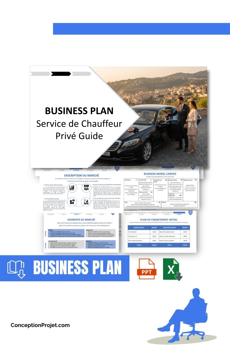 Pack Business Plan pour Service de Chauffeur Privé Guide - Modèle de business plan professionnel pour Service de Chauffeur Privé Guide, spécialement conçu pour les entrepreneurs, incluant un prévisionnel financier 100% automatisé, une stratégie marketing intégrée, ainsi qu’une analyse complète (SWOT, Business Model Canvas, étude de marché et analyse des risques). Ce document au design moderne et entièrement personnalisable sous Word est structuré pour répondre aux exigences des banques et des investisseurs, tout en permettant un gain de temps considérable grâce à son contenu pré-rédigé.