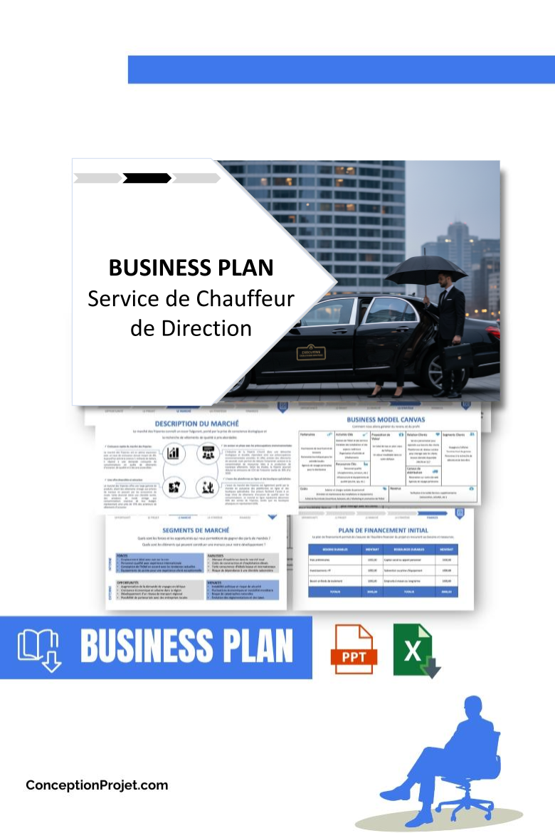 Pack Business Plan pour Service de Chauffeur de Direction - Modèle de business plan professionnel pour Service de Chauffeur de Direction, spécialement conçu pour les entrepreneurs, incluant un prévisionnel financier 100% automatisé, une stratégie marketing intégrée, ainsi qu’une analyse complète (SWOT, Business Model Canvas, étude de marché et analyse des risques). Ce document au design moderne et entièrement personnalisable sous Word est structuré pour répondre aux exigences des banques et des investisseurs, tout en permettant un gain de temps considérable grâce à son contenu pré-rédigé.