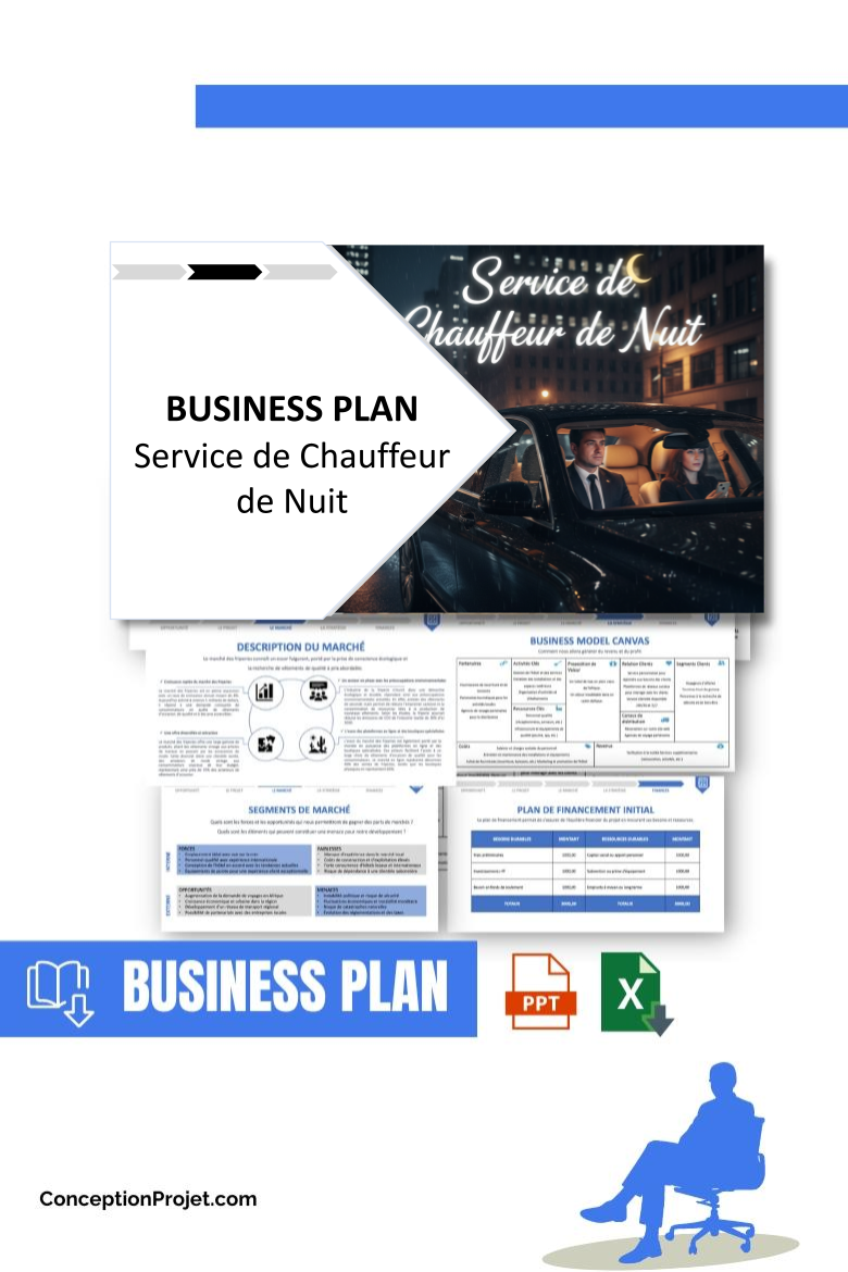Pack Business Plan pour Service de Chauffeur de Nuit - Modèle de business plan professionnel pour Service de Chauffeur de Nuit, spécialement conçu pour les entrepreneurs, incluant un prévisionnel financier 100% automatisé, une stratégie marketing intégrée, ainsi qu’une analyse complète (SWOT, Business Model Canvas, étude de marché et analyse des risques). Ce document au design moderne et entièrement personnalisable sous Word est structuré pour répondre aux exigences des banques et des investisseurs, tout en permettant un gain de temps considérable grâce à son contenu pré-rédigé.