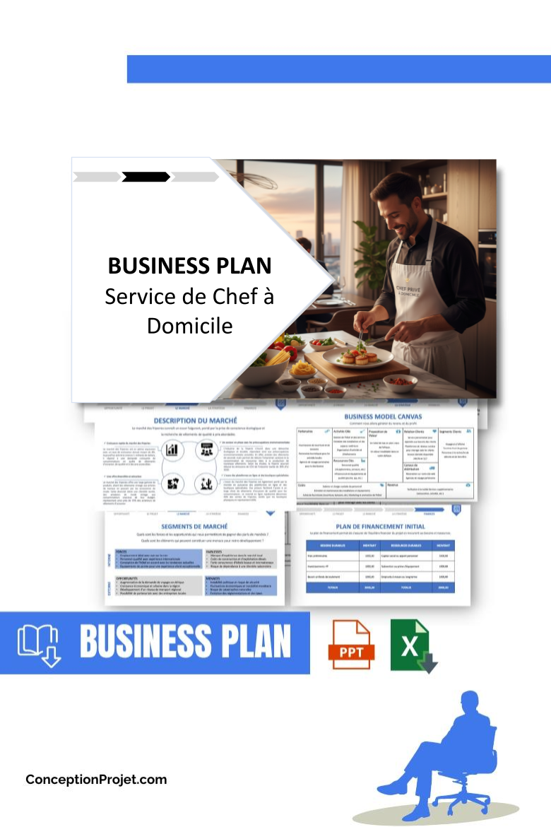 Pack Business Plan pour Service de Chef à Domicile - Modèle de business plan professionnel pour Service de Chef à Domicile, spécialement conçu pour les entrepreneurs, incluant un prévisionnel financier 100% automatisé, une stratégie marketing intégrée, ainsi qu’une analyse complète (SWOT, Business Model Canvas, étude de marché et analyse des risques). Ce document au design moderne et entièrement personnalisable sous Word est structuré pour répondre aux exigences des banques et des investisseurs, tout en permettant un gain de temps considérable grâce à son contenu pré-rédigé.
