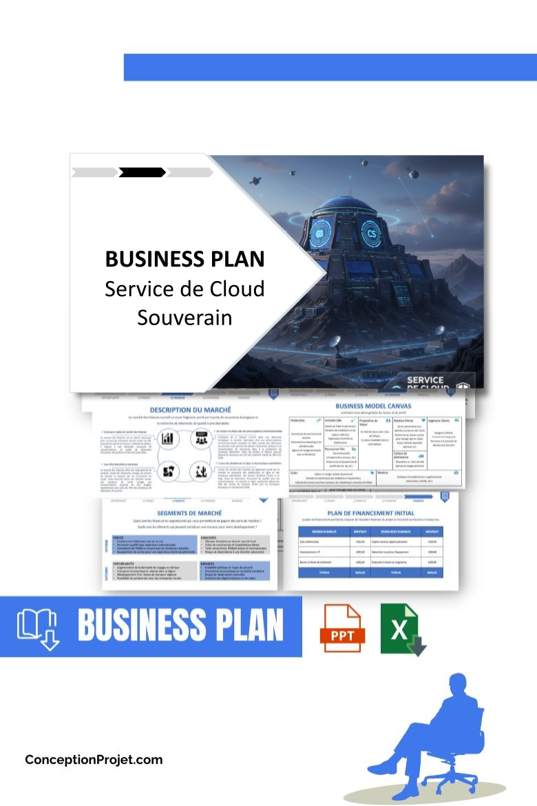 Pack Business Plan pour Service de Cloud Souverain - Modèle de business plan professionnel pour Service de Cloud Souverain, spécialement conçu pour les entrepreneurs, incluant un prévisionnel financier 100% automatisé, une stratégie marketing intégrée, ainsi qu’une analyse complète (SWOT, Business Model Canvas, étude de marché et analyse des risques). Ce document au design moderne et entièrement personnalisable sous Word est structuré pour répondre aux exigences des banques et des investisseurs, tout en permettant un gain de temps considérable grâce à son contenu pré-rédigé.