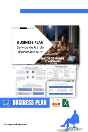 Pack Business Plan pour Service de Garde d'Animaux Nuit - Modèle de business plan professionnel pour Service de Garde d'Animaux Nuit, spécialement conçu pour les entrepreneurs, incluant un prévisionnel financier 100% automatisé, une stratégie marketing intégrée, ainsi qu’une analyse complète (SWOT, Business Model Canvas, étude de marché et analyse des risques). Ce document au design moderne et entièrement personnalisable sous Word est structuré pour répondre aux exigences des banques et des investisseurs, tout en permettant un gain de temps considérable grâce à son contenu pré-rédigé.