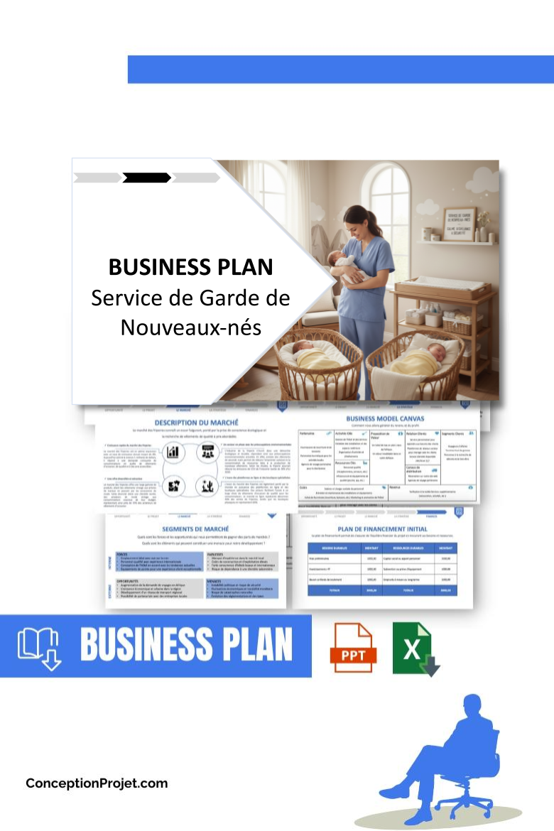 Pack Business Plan pour Service de Garde de Nouveaux-nés - Modèle de business plan professionnel pour Service de Garde de Nouveaux-nés, spécialement conçu pour les entrepreneurs, incluant un prévisionnel financier 100% automatisé, une stratégie marketing intégrée, ainsi qu’une analyse complète (SWOT, Business Model Canvas, étude de marché et analyse des risques). Ce document au design moderne et entièrement personnalisable sous Word est structuré pour répondre aux exigences des banques et des investisseurs, tout en permettant un gain de temps considérable grâce à son contenu pré-rédigé.