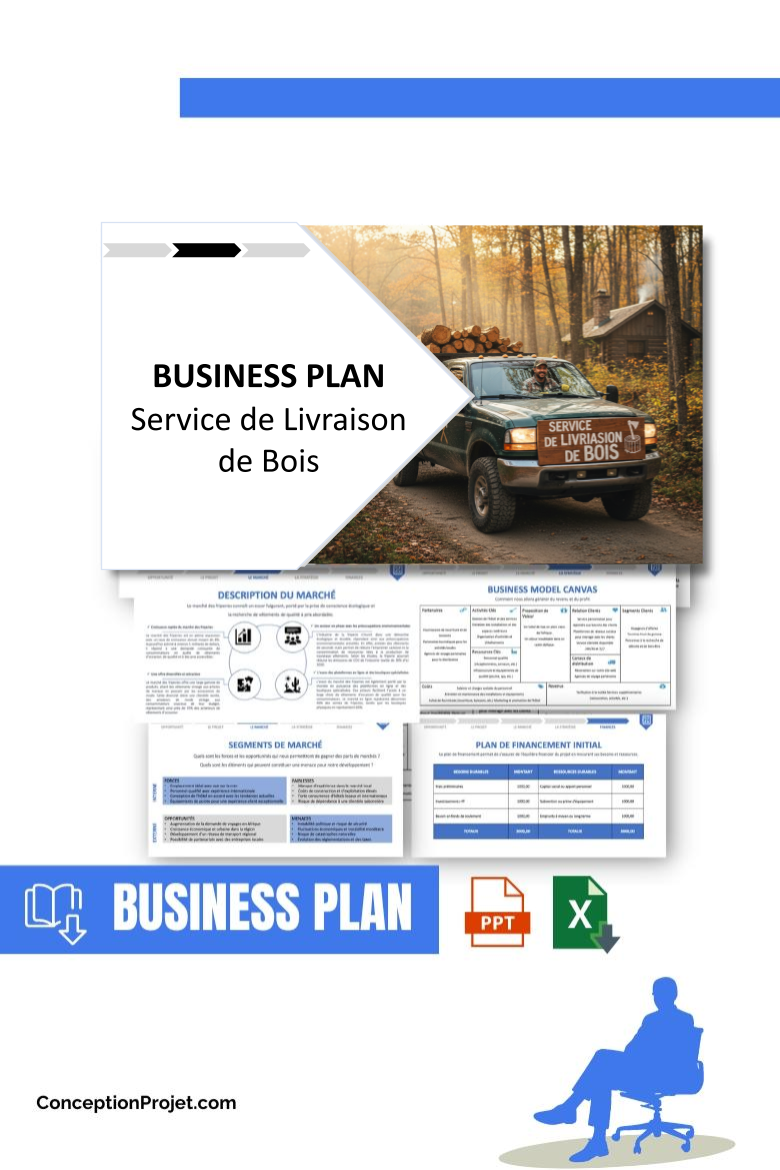 Pack Business Plan pour Service de Livraison de Bois - Modèle de business plan professionnel pour Service de Livraison de Bois, spécialement conçu pour les entrepreneurs, incluant un prévisionnel financier 100% automatisé, une stratégie marketing intégrée, ainsi qu’une analyse complète (SWOT, Business Model Canvas, étude de marché et analyse des risques). Ce document au design moderne et entièrement personnalisable sous Word est structuré pour répondre aux exigences des banques et des investisseurs, tout en permettant un gain de temps considérable grâce à son contenu pré-rédigé.
