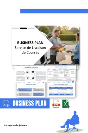 Pack Business Plan pour Service de Livraison de Courses - Modèle de business plan professionnel pour Service de Livraison de Courses, spécialement conçu pour les entrepreneurs, incluant un prévisionnel financier 100% automatisé, une stratégie marketing intégrée, ainsi qu’une analyse complète (SWOT, Business Model Canvas, étude de marché et analyse des risques). Ce document au design moderne et entièrement personnalisable sous Word est structuré pour répondre aux exigences des banques et des investisseurs, tout en permettant un gain de temps considérable grâce à son contenu pré-rédigé.