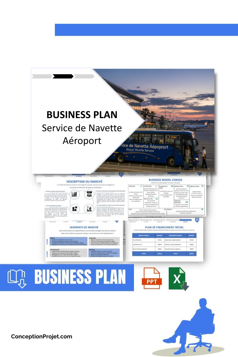 Pack Business Plan pour Service de Navette Aéroport - Modèle de business plan professionnel pour Service de Navette Aéroport, spécialement conçu pour les entrepreneurs, incluant un prévisionnel financier 100% automatisé, une stratégie marketing intégrée, ainsi qu’une analyse complète (SWOT, Business Model Canvas, étude de marché et analyse des risques). Ce document au design moderne et entièrement personnalisable sous Word est structuré pour répondre aux exigences des banques et des investisseurs, tout en permettant un gain de temps considérable grâce à son contenu pré-rédigé.