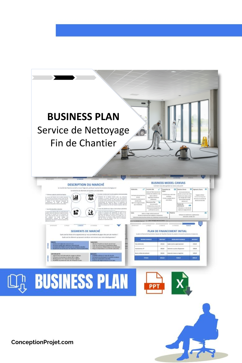 Pack Business Plan Service de Nettoyage Fin de Chantier 2026 1 Pack Business Plan pour Service de Nettoyage Fin de Chantier - Modèle de business plan professionnel pour Service de Nettoyage Fin de Chantier, spécialement conçu pour les entrepreneurs, incluant un prévisionnel financier 100% automatisé, une stratégie marketing intégrée, ainsi qu’une analyse complète (SWOT, Business Model Canvas, étude de marché et analyse des risques). Ce document au design moderne et entièrement personnalisable sous Word est structuré pour répondre aux exigences des banques et des investisseurs, tout en permettant un gain de temps considérable grâce à son contenu pré-rédigé.