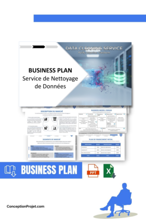 Pack Business Plan pour Service de Nettoyage de Données - Modèle de business plan professionnel pour Service de Nettoyage de Données, spécialement conçu pour les entrepreneurs, incluant un prévisionnel financier 100% automatisé, une stratégie marketing intégrée, ainsi qu’une analyse complète (SWOT, Business Model Canvas, étude de marché et analyse des risques). Ce document au design moderne et entièrement personnalisable sous Word est structuré pour répondre aux exigences des banques et des investisseurs, tout en permettant un gain de temps considérable grâce à son contenu pré-rédigé.