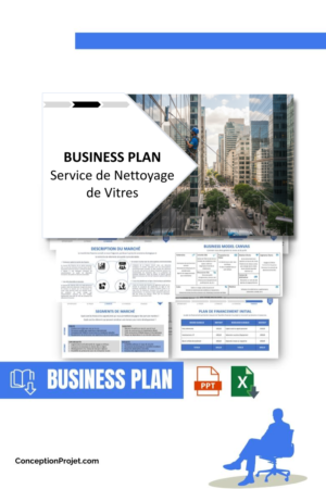 Pack Business Plan pour Service de Nettoyage de Vitres - Modèle de business plan professionnel pour Service de Nettoyage de Vitres, spécialement conçu pour les entrepreneurs, incluant un prévisionnel financier 100% automatisé, une stratégie marketing intégrée, ainsi qu’une analyse complète (SWOT, Business Model Canvas, étude de marché et analyse des risques). Ce document au design moderne et entièrement personnalisable sous Word est structuré pour répondre aux exigences des banques et des investisseurs, tout en permettant un gain de temps considérable grâce à son contenu pré-rédigé.
