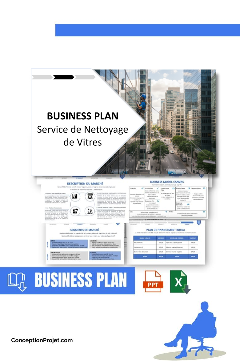 Pack Business Plan pour Service de Nettoyage de Vitres - Modèle de business plan professionnel pour Service de Nettoyage de Vitres, spécialement conçu pour les entrepreneurs, incluant un prévisionnel financier 100% automatisé, une stratégie marketing intégrée, ainsi qu’une analyse complète (SWOT, Business Model Canvas, étude de marché et analyse des risques). Ce document au design moderne et entièrement personnalisable sous Word est structuré pour répondre aux exigences des banques et des investisseurs, tout en permettant un gain de temps considérable grâce à son contenu pré-rédigé.