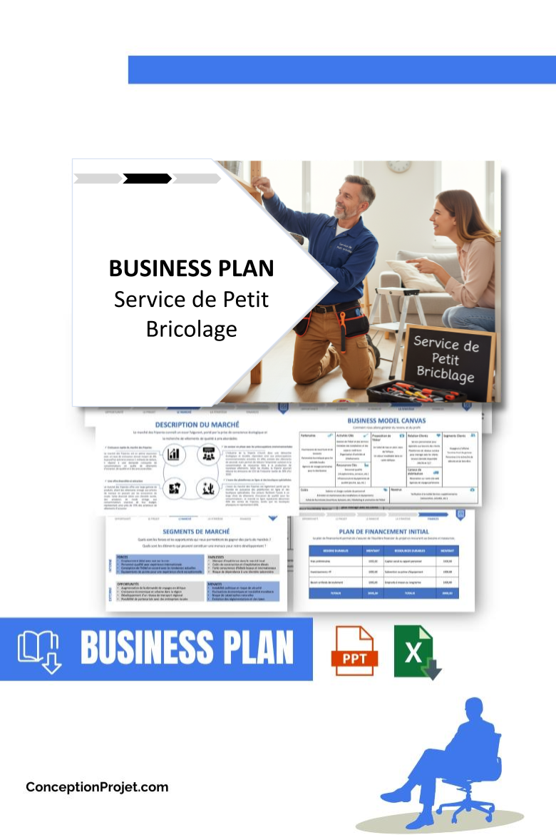 Pack Business Plan pour Service de Petit Bricolage - Modèle de business plan professionnel pour Service de Petit Bricolage, spécialement conçu pour les entrepreneurs, incluant un prévisionnel financier 100% automatisé, une stratégie marketing intégrée, ainsi qu’une analyse complète (SWOT, Business Model Canvas, étude de marché et analyse des risques). Ce document au design moderne et entièrement personnalisable sous Word est structuré pour répondre aux exigences des banques et des investisseurs, tout en permettant un gain de temps considérable grâce à son contenu pré-rédigé.