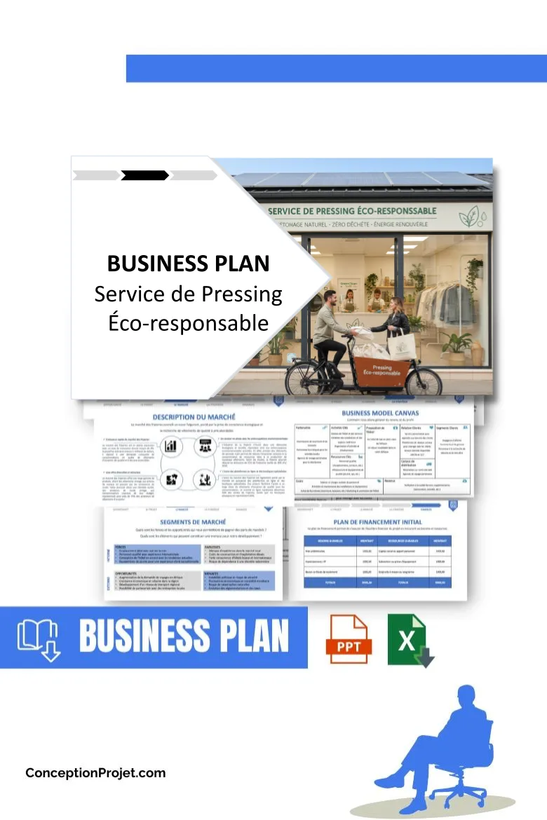 Pack Business Plan pour Service de Pressing Éco-responsable - Modèle de business plan professionnel pour Service de Pressing Éco-responsable, spécialement conçu pour les entrepreneurs, incluant un prévisionnel financier 100% automatisé, une stratégie marketing intégrée, ainsi qu’une analyse complète (SWOT, Business Model Canvas, étude de marché et analyse des risques). Ce document au design moderne et entièrement personnalisable sous Word est structuré pour répondre aux exigences des banques et des investisseurs, tout en permettant un gain de temps considérable grâce à son contenu pré-rédigé.