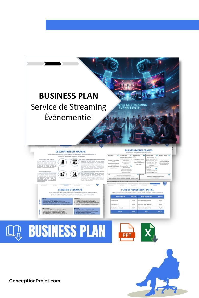 Pack Business Plan pour Service de Streaming Événementiel - Modèle de business plan professionnel pour Service de Streaming Événementiel, spécialement conçu pour les entrepreneurs, incluant un prévisionnel financier 100% automatisé, une stratégie marketing intégrée, ainsi qu’une analyse complète (SWOT, Business Model Canvas, étude de marché et analyse des risques). Ce document au design moderne et entièrement personnalisable sous Word est structuré pour répondre aux exigences des banques et des investisseurs, tout en permettant un gain de temps considérable grâce à son contenu pré-rédigé.