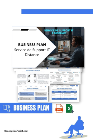 Accueil 7 Pack Business Plan pour Service de Support IT Distance - Modèle de business plan professionnel pour Service de Support IT Distance, spécialement conçu pour les entrepreneurs, incluant un prévisionnel financier 100% automatisé, une stratégie marketing intégrée, ainsi qu’une analyse complète (SWOT, Business Model Canvas, étude de marché et analyse des risques). Ce document au design moderne et entièrement personnalisable sous Word est structuré pour répondre aux exigences des banques et des investisseurs, tout en permettant un gain de temps considérable grâce à son contenu pré-rédigé.