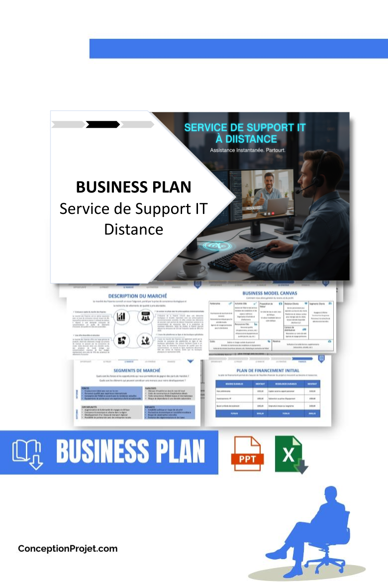 Pack Business Plan pour Service de Support IT Distance - Modèle de business plan professionnel pour Service de Support IT Distance, spécialement conçu pour les entrepreneurs, incluant un prévisionnel financier 100% automatisé, une stratégie marketing intégrée, ainsi qu’une analyse complète (SWOT, Business Model Canvas, étude de marché et analyse des risques). Ce document au design moderne et entièrement personnalisable sous Word est structuré pour répondre aux exigences des banques et des investisseurs, tout en permettant un gain de temps considérable grâce à son contenu pré-rédigé.