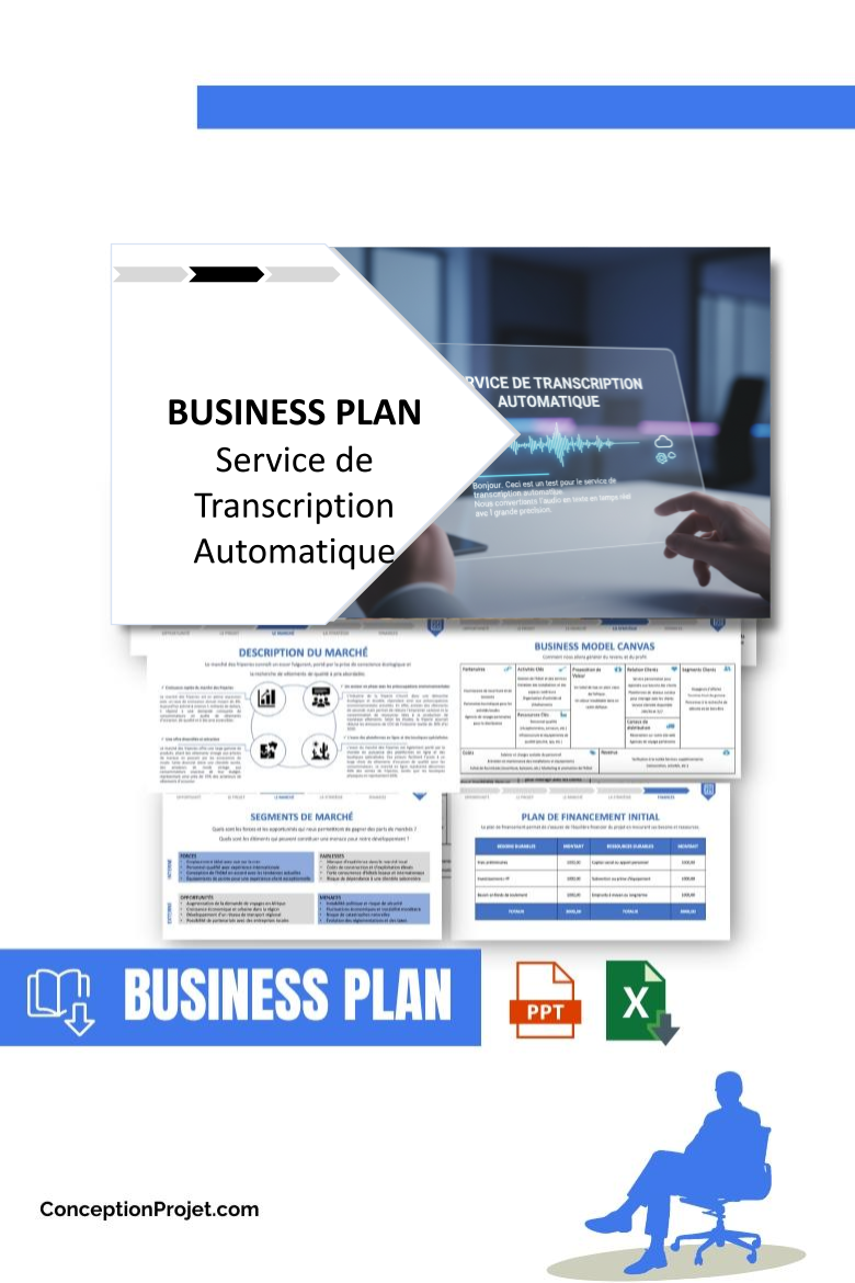 Pack Business Plan pour Service de Transcription Automatique - Modèle de business plan professionnel pour Service de Transcription Automatique, spécialement conçu pour les entrepreneurs, incluant un prévisionnel financier 100% automatisé, une stratégie marketing intégrée, ainsi qu’une analyse complète (SWOT, Business Model Canvas, étude de marché et analyse des risques). Ce document au design moderne et entièrement personnalisable sous Word est structuré pour répondre aux exigences des banques et des investisseurs, tout en permettant un gain de temps considérable grâce à son contenu pré-rédigé.