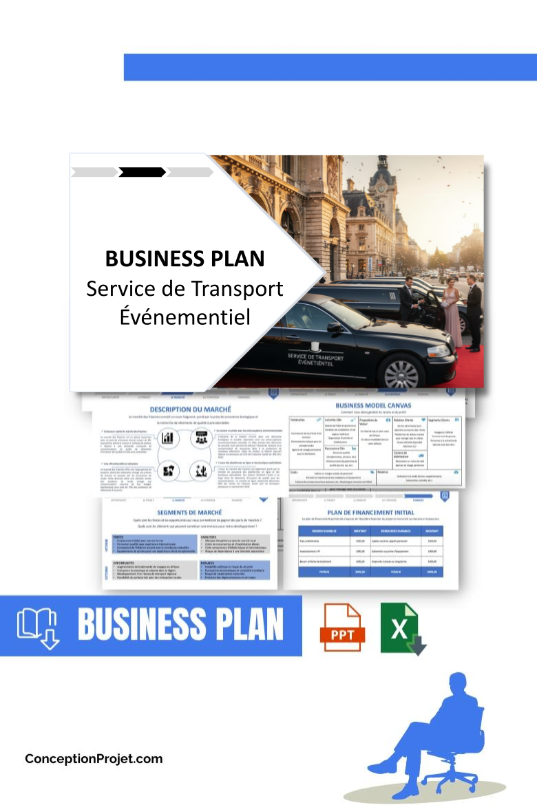 Pack Business Plan pour Service de Transport Événementiel - Modèle de business plan professionnel pour Service de Transport Événementiel, spécialement conçu pour les entrepreneurs, incluant un prévisionnel financier 100% automatisé, une stratégie marketing intégrée, ainsi qu’une analyse complète (SWOT, Business Model Canvas, étude de marché et analyse des risques). Ce document au design moderne et entièrement personnalisable sous Word est structuré pour répondre aux exigences des banques et des investisseurs, tout en permettant un gain de temps considérable grâce à son contenu pré-rédigé.