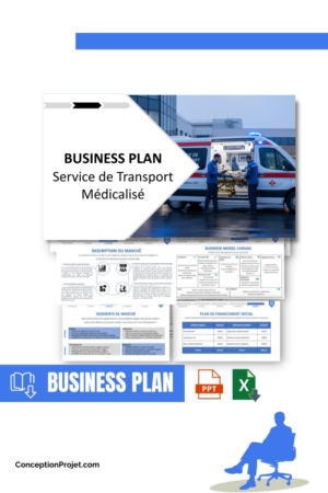 Pack Business Plan pour Service de Transport Médicalisé - Modèle de business plan professionnel pour Service de Transport Médicalisé, spécialement conçu pour les entrepreneurs, incluant un prévisionnel financier 100% automatisé, une stratégie marketing intégrée, ainsi qu’une analyse complète (SWOT, Business Model Canvas, étude de marché et analyse des risques). Ce document au design moderne et entièrement personnalisable sous Word est structuré pour répondre aux exigences des banques et des investisseurs, tout en permettant un gain de temps considérable grâce à son contenu pré-rédigé.