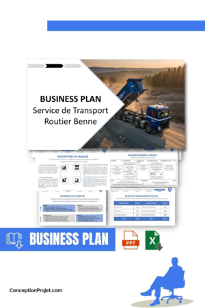 Pack Business Plan pour Service de Transport Routier Benne - Modèle de business plan professionnel pour Service de Transport Routier Benne, spécialement conçu pour les entrepreneurs, incluant un prévisionnel financier 100% automatisé, une stratégie marketing intégrée, ainsi qu’une analyse complète (SWOT, Business Model Canvas, étude de marché et analyse des risques). Ce document au design moderne et entièrement personnalisable sous Word est structuré pour répondre aux exigences des banques et des investisseurs, tout en permettant un gain de temps considérable grâce à son contenu pré-rédigé.