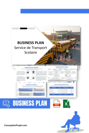 Pack Business Plan pour Service de Transport Scolaire - Modèle de business plan professionnel pour Service de Transport Scolaire, spécialement conçu pour les entrepreneurs, incluant un prévisionnel financier 100% automatisé, une stratégie marketing intégrée, ainsi qu’une analyse complète (SWOT, Business Model Canvas, étude de marché et analyse des risques). Ce document au design moderne et entièrement personnalisable sous Word est structuré pour répondre aux exigences des banques et des investisseurs, tout en permettant un gain de temps considérable grâce à son contenu pré-rédigé.