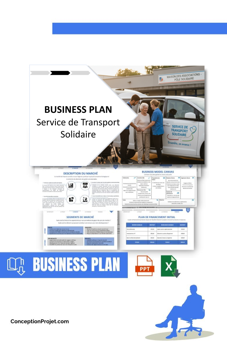 Pack Business Plan pour Service de Transport Solidaire - Modèle de business plan professionnel pour Service de Transport Solidaire, spécialement conçu pour les entrepreneurs, incluant un prévisionnel financier 100% automatisé, une stratégie marketing intégrée, ainsi qu’une analyse complète (SWOT, Business Model Canvas, étude de marché et analyse des risques). Ce document au design moderne et entièrement personnalisable sous Word est structuré pour répondre aux exigences des banques et des investisseurs, tout en permettant un gain de temps considérable grâce à son contenu pré-rédigé.