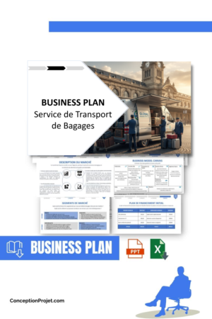 Pack Business Plan pour Service de Transport de Bagages - Modèle de business plan professionnel pour Service de Transport de Bagages, spécialement conçu pour les entrepreneurs, incluant un prévisionnel financier 100% automatisé, une stratégie marketing intégrée, ainsi qu’une analyse complète (SWOT, Business Model Canvas, étude de marché et analyse des risques). Ce document au design moderne et entièrement personnalisable sous Word est structuré pour répondre aux exigences des banques et des investisseurs, tout en permettant un gain de temps considérable grâce à son contenu pré-rédigé.