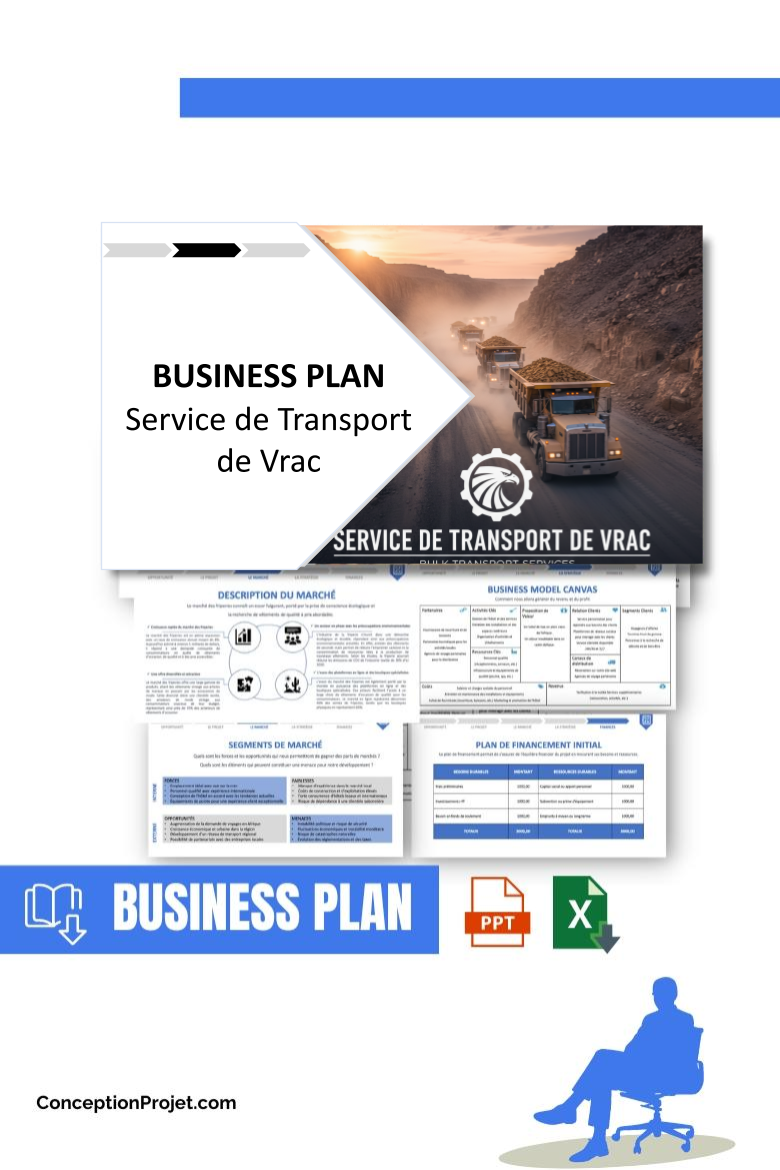 Pack Business Plan pour Service de Transport de Vrac - Modèle de business plan professionnel pour Service de Transport de Vrac, spécialement conçu pour les entrepreneurs, incluant un prévisionnel financier 100% automatisé, une stratégie marketing intégrée, ainsi qu’une analyse complète (SWOT, Business Model Canvas, étude de marché et analyse des risques). Ce document au design moderne et entièrement personnalisable sous Word est structuré pour répondre aux exigences des banques et des investisseurs, tout en permettant un gain de temps considérable grâce à son contenu pré-rédigé.