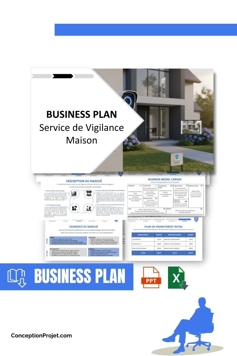 Pack Business Plan pour Service de Vigilance Maison - Modèle de business plan professionnel pour Service de Vigilance Maison, spécialement conçu pour les entrepreneurs, incluant un prévisionnel financier 100% automatisé, une stratégie marketing intégrée, ainsi qu’une analyse complète (SWOT, Business Model Canvas, étude de marché et analyse des risques). Ce document au design moderne et entièrement personnalisable sous Word est structuré pour répondre aux exigences des banques et des investisseurs, tout en permettant un gain de temps considérable grâce à son contenu pré-rédigé.