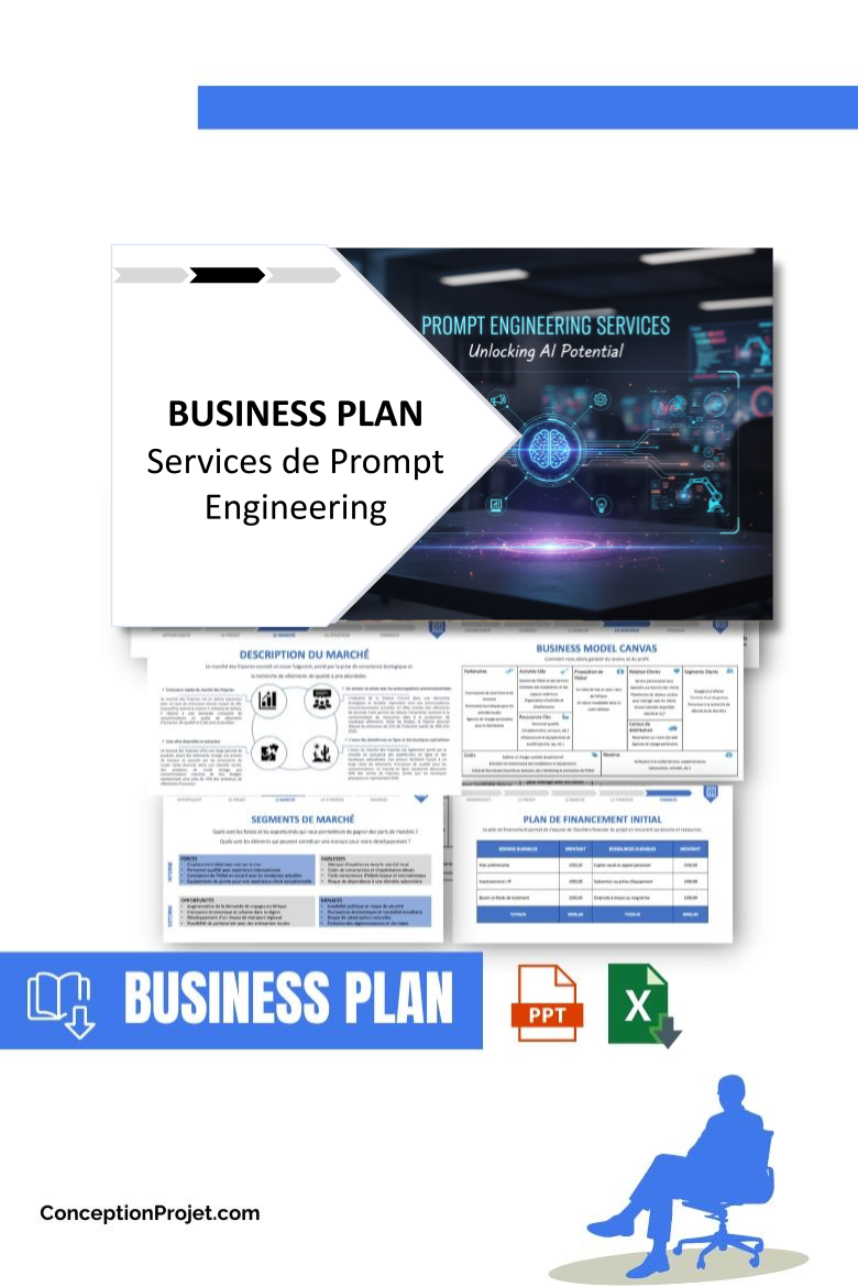Pack Business Plan pour Services de Prompt Engineering - Modèle de business plan professionnel pour Services de Prompt Engineering, spécialement conçu pour les entrepreneurs, incluant un prévisionnel financier 100% automatisé, une stratégie marketing intégrée, ainsi qu’une analyse complète (SWOT, Business Model Canvas, étude de marché et analyse des risques). Ce document au design moderne et entièrement personnalisable sous Word est structuré pour répondre aux exigences des banques et des investisseurs, tout en permettant un gain de temps considérable grâce à son contenu pré-rédigé.
