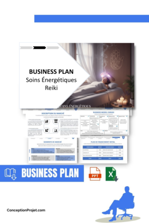 Pack Business Plan pour Soins Énergétiques Reiki - Modèle de business plan professionnel pour Soins Énergétiques Reiki, spécialement conçu pour les entrepreneurs, incluant un prévisionnel financier 100% automatisé, une stratégie marketing intégrée, ainsi qu’une analyse complète (SWOT, Business Model Canvas, étude de marché et analyse des risques). Ce document au design moderne et entièrement personnalisable sous Word est structuré pour répondre aux exigences des banques et des investisseurs, tout en permettant un gain de temps considérable grâce à son contenu pré-rédigé.