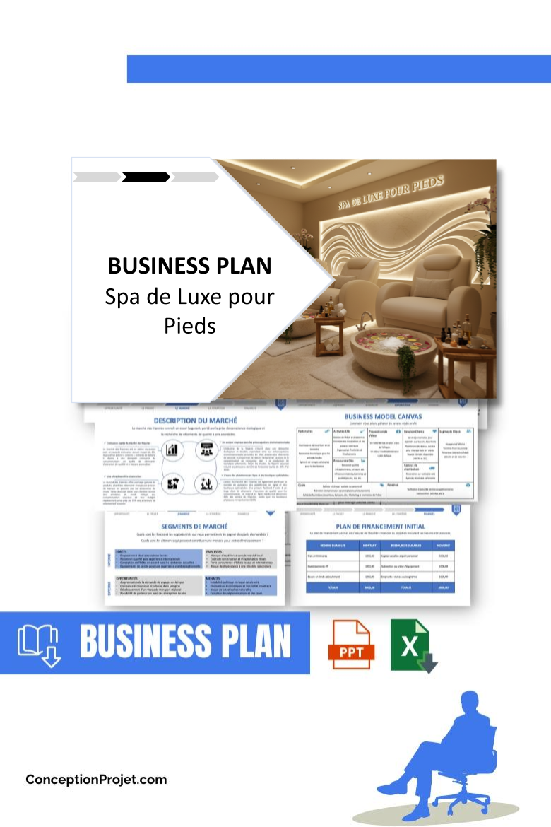 Pack Business Plan pour Spa de Luxe pour Pieds - Modèle de business plan professionnel pour Spa de Luxe pour Pieds, spécialement conçu pour les entrepreneurs, incluant un prévisionnel financier 100% automatisé, une stratégie marketing intégrée, ainsi qu’une analyse complète (SWOT, Business Model Canvas, étude de marché et analyse des risques). Ce document au design moderne et entièrement personnalisable sous Word est structuré pour répondre aux exigences des banques et des investisseurs, tout en permettant un gain de temps considérable grâce à son contenu pré-rédigé.