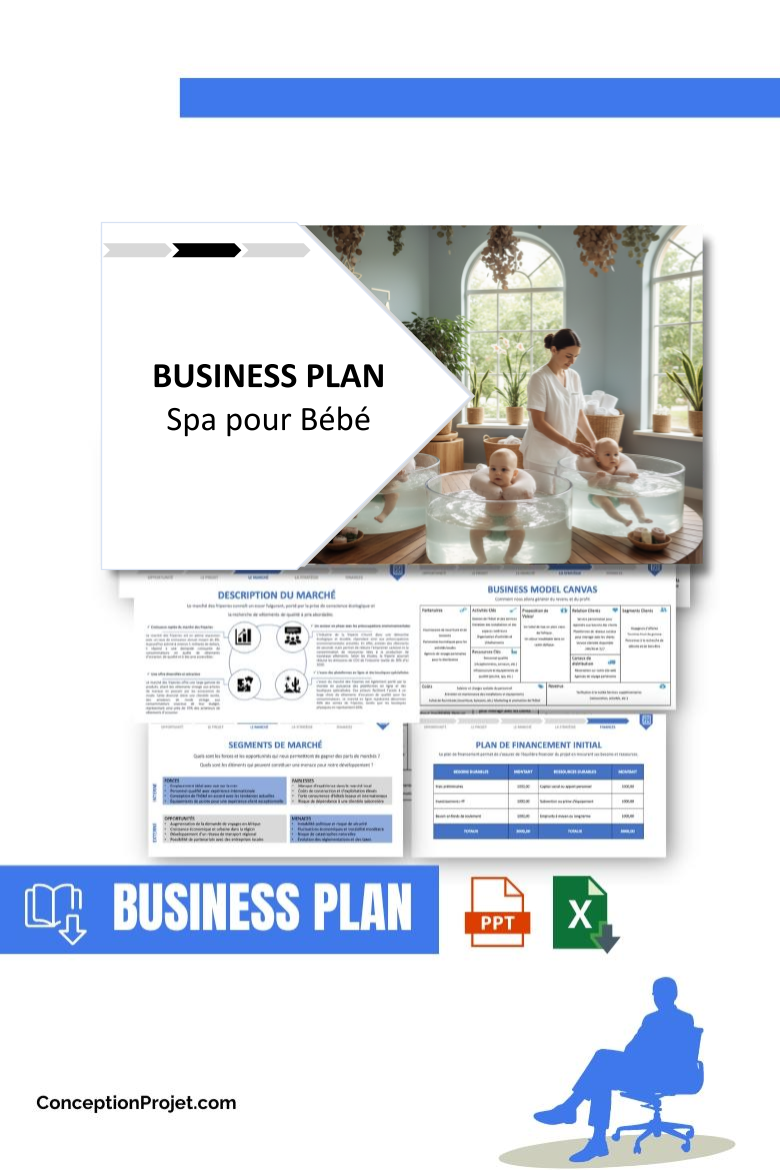 Pack Business Plan pour Spa pour Bébé - Modèle de business plan professionnel pour Spa pour Bébé, spécialement conçu pour les entrepreneurs, incluant un prévisionnel financier 100% automatisé, une stratégie marketing intégrée, ainsi qu’une analyse complète (SWOT, Business Model Canvas, étude de marché et analyse des risques). Ce document au design moderne et entièrement personnalisable sous Word est structuré pour répondre aux exigences des banques et des investisseurs, tout en permettant un gain de temps considérable grâce à son contenu pré-rédigé.