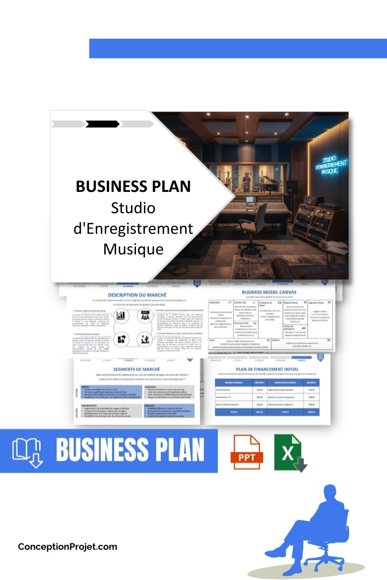 Pack Business Plan pour Studio d'Enregistrement Musique - Modèle de business plan professionnel pour Studio d'Enregistrement Musique, spécialement conçu pour les entrepreneurs, incluant un prévisionnel financier 100% automatisé, une stratégie marketing intégrée, ainsi qu’une analyse complète (SWOT, Business Model Canvas, étude de marché et analyse des risques). Ce document au design moderne et entièrement personnalisable sous Word est structuré pour répondre aux exigences des banques et des investisseurs, tout en permettant un gain de temps considérable grâce à son contenu pré-rédigé.