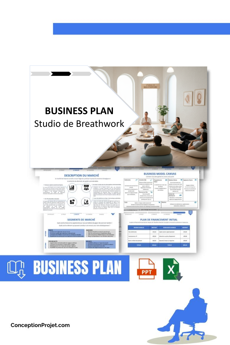 Pack Business Plan pour Studio de Breathwork - Modèle de business plan professionnel pour Studio de Breathwork, spécialement conçu pour les entrepreneurs, incluant un prévisionnel financier 100% automatisé, une stratégie marketing intégrée, ainsi qu’une analyse complète (SWOT, Business Model Canvas, étude de marché et analyse des risques). Ce document au design moderne et entièrement personnalisable sous Word est structuré pour répondre aux exigences des banques et des investisseurs, tout en permettant un gain de temps considérable grâce à son contenu pré-rédigé.