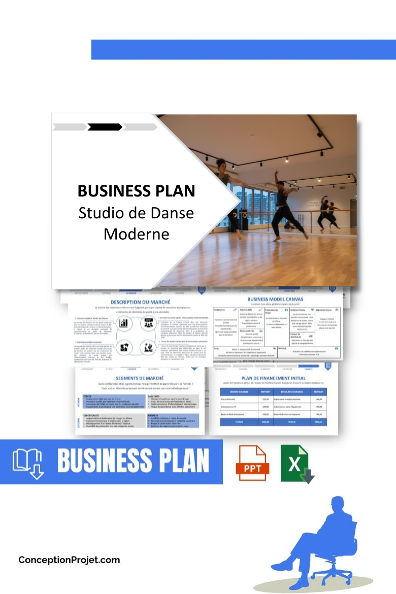 Pack Business Plan pour Studio de Danse Moderne - Modèle de business plan professionnel pour Studio de Danse Moderne, spécialement conçu pour les entrepreneurs, incluant un prévisionnel financier 100% automatisé, une stratégie marketing intégrée, ainsi qu’une analyse complète (SWOT, Business Model Canvas, étude de marché et analyse des risques). Ce document au design moderne et entièrement personnalisable sous Word est structuré pour répondre aux exigences des banques et des investisseurs, tout en permettant un gain de temps considérable grâce à son contenu pré-rédigé.