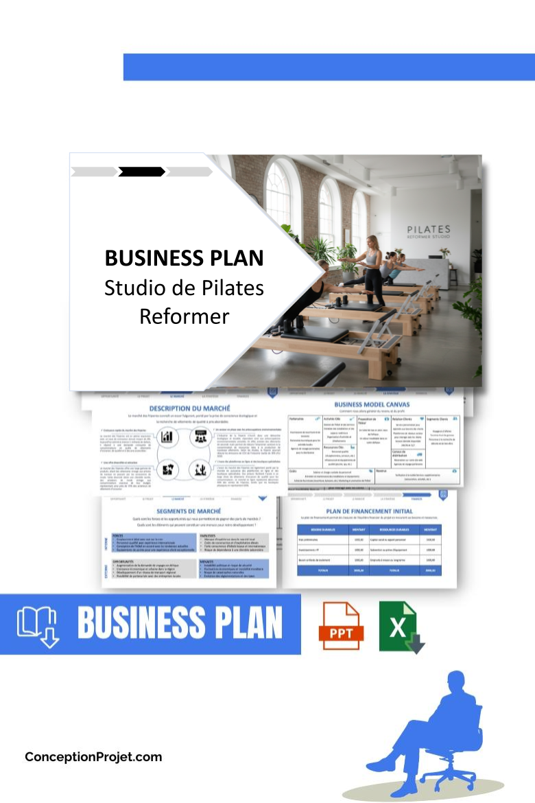 Pack Business Plan pour Studio de Pilates Reformer - Modèle de business plan professionnel pour Studio de Pilates Reformer, spécialement conçu pour les entrepreneurs, incluant un prévisionnel financier 100% automatisé, une stratégie marketing intégrée, ainsi qu’une analyse complète (SWOT, Business Model Canvas, étude de marché et analyse des risques). Ce document au design moderne et entièrement personnalisable sous Word est structuré pour répondre aux exigences des banques et des investisseurs, tout en permettant un gain de temps considérable grâce à son contenu pré-rédigé.