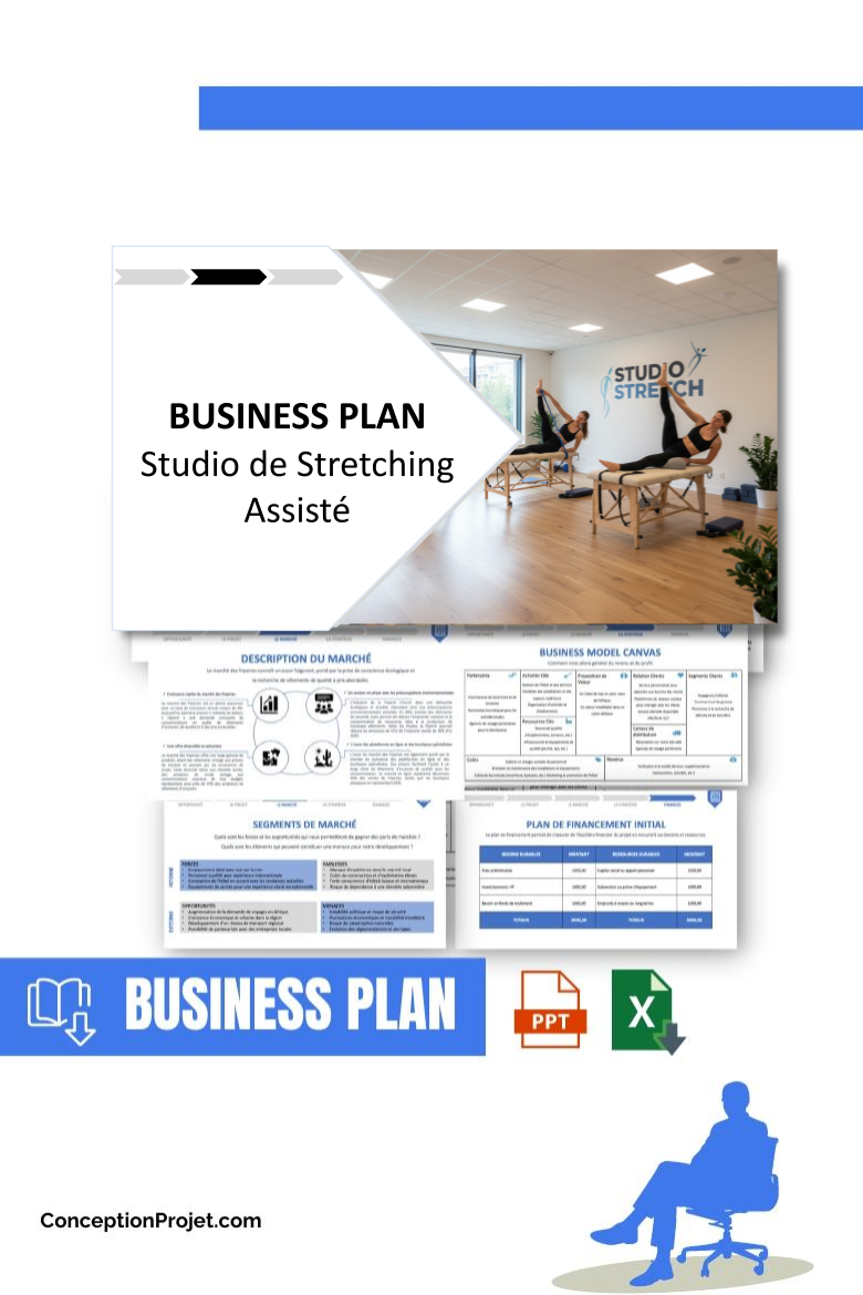 Pack Business Plan pour Studio de Stretching Assisté - Modèle de business plan professionnel pour Studio de Stretching Assisté, spécialement conçu pour les entrepreneurs, incluant un prévisionnel financier 100% automatisé, une stratégie marketing intégrée, ainsi qu’une analyse complète (SWOT, Business Model Canvas, étude de marché et analyse des risques). Ce document au design moderne et entièrement personnalisable sous Word est structuré pour répondre aux exigences des banques et des investisseurs, tout en permettant un gain de temps considérable grâce à son contenu pré-rédigé.