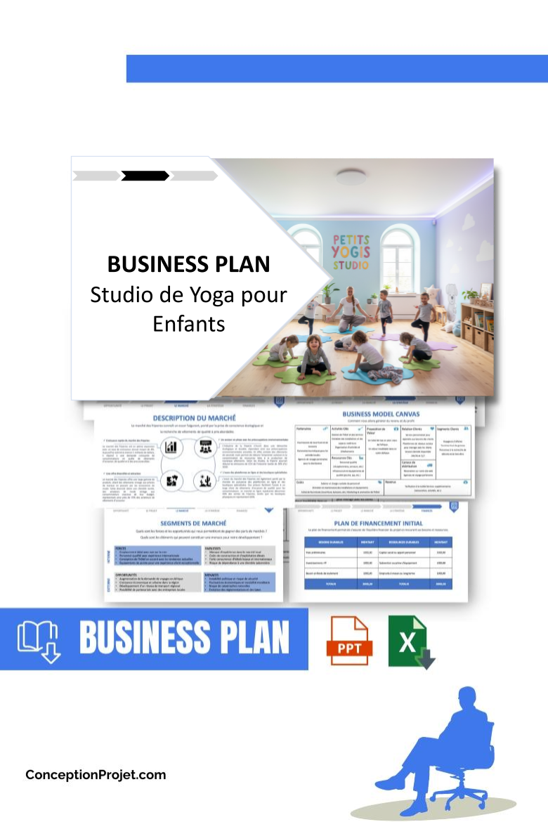 Pack Business Plan pour Studio de Yoga pour Enfants - Modèle de business plan professionnel pour Studio de Yoga pour Enfants, spécialement conçu pour les entrepreneurs, incluant un prévisionnel financier 100% automatisé, une stratégie marketing intégrée, ainsi qu’une analyse complète (SWOT, Business Model Canvas, étude de marché et analyse des risques). Ce document au design moderne et entièrement personnalisable sous Word est structuré pour répondre aux exigences des banques et des investisseurs, tout en permettant un gain de temps considérable grâce à son contenu pré-rédigé.