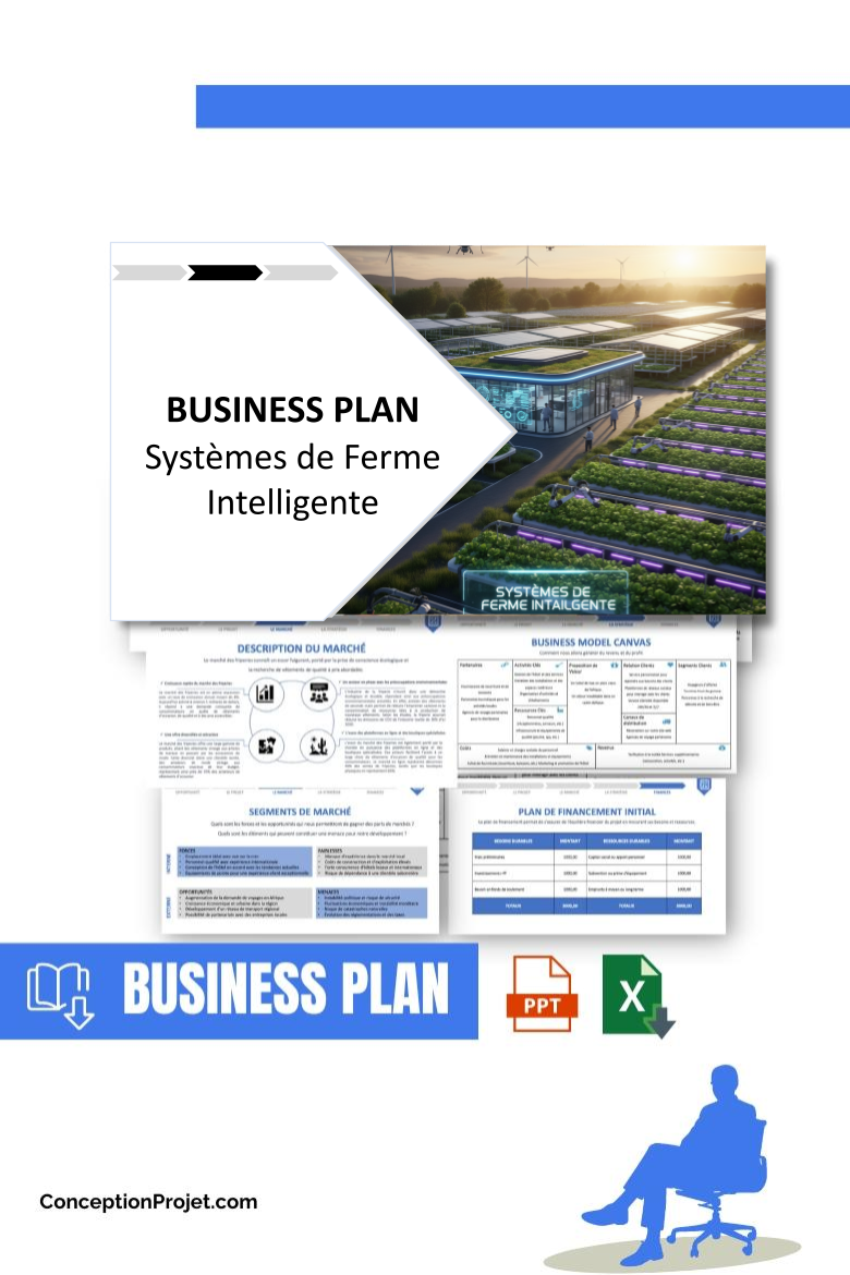 Pack Business Plan pour Systèmes de Ferme Intelligente - Modèle de business plan professionnel pour Systèmes de Ferme Intelligente, spécialement conçu pour les entrepreneurs, incluant un prévisionnel financier 100% automatisé, une stratégie marketing intégrée, ainsi qu’une analyse complète (SWOT, Business Model Canvas, étude de marché et analyse des risques). Ce document au design moderne et entièrement personnalisable sous Word est structuré pour répondre aux exigences des banques et des investisseurs, tout en permettant un gain de temps considérable grâce à son contenu pré-rédigé.