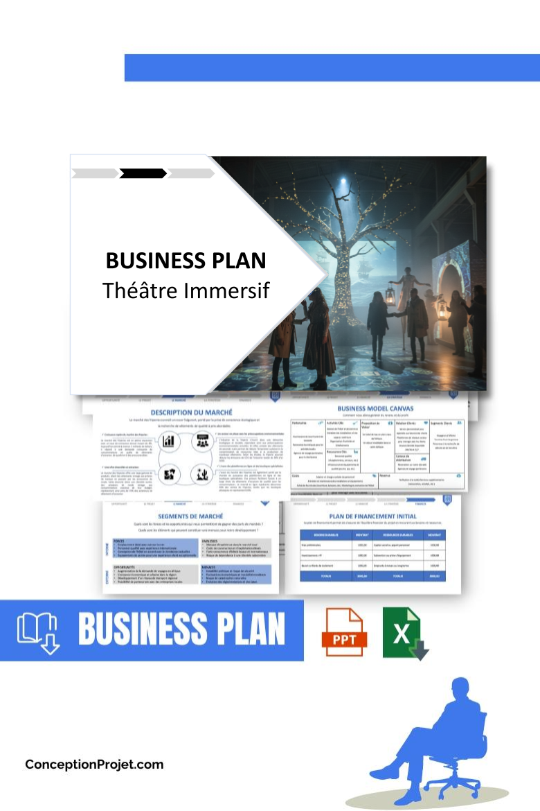 Pack Business Plan pour Théâtre Immersif - Modèle de business plan professionnel pour Théâtre Immersif, spécialement conçu pour les entrepreneurs, incluant un prévisionnel financier 100% automatisé, une stratégie marketing intégrée, ainsi qu’une analyse complète (SWOT, Business Model Canvas, étude de marché et analyse des risques). Ce document au design moderne et entièrement personnalisable sous Word est structuré pour répondre aux exigences des banques et des investisseurs, tout en permettant un gain de temps considérable grâce à son contenu pré-rédigé.