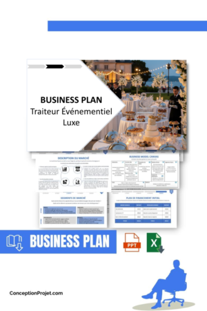 Pack Business Plan pour Traiteur Événementiel Luxe - Modèle de business plan professionnel pour Traiteur Événementiel Luxe, spécialement conçu pour les entrepreneurs, incluant un prévisionnel financier 100% automatisé, une stratégie marketing intégrée, ainsi qu’une analyse complète (SWOT, Business Model Canvas, étude de marché et analyse des risques). Ce document au design moderne et entièrement personnalisable sous Word est structuré pour répondre aux exigences des banques et des investisseurs, tout en permettant un gain de temps considérable grâce à son contenu pré-rédigé.