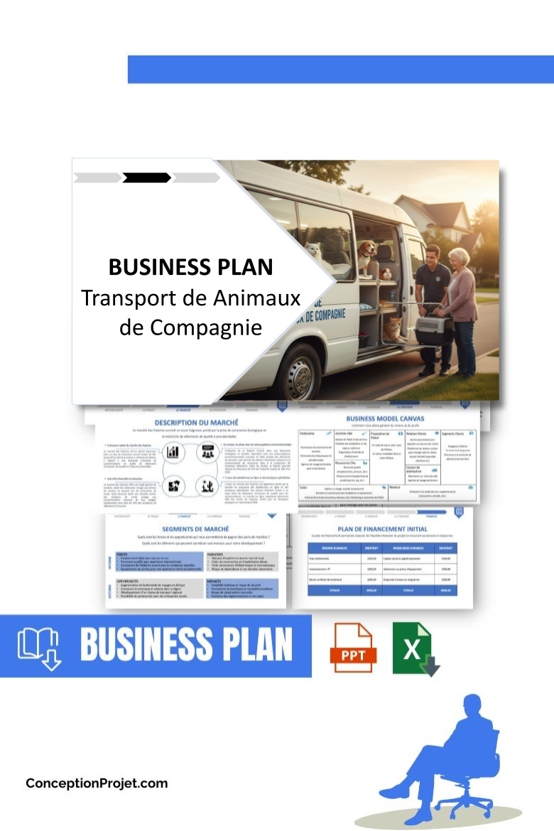 Pack Business Plan pour Transport de Animaux de Compagnie - Modèle de business plan professionnel pour Transport de Animaux de Compagnie, spécialement conçu pour les entrepreneurs, incluant un prévisionnel financier 100% automatisé, une stratégie marketing intégrée, ainsi qu’une analyse complète (SWOT, Business Model Canvas, étude de marché et analyse des risques). Ce document au design moderne et entièrement personnalisable sous Word est structuré pour répondre aux exigences des banques et des investisseurs, tout en permettant un gain de temps considérable grâce à son contenu pré-rédigé.