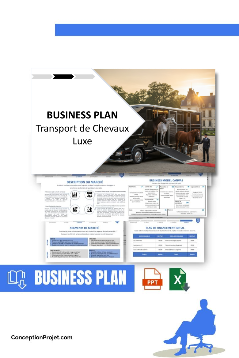 Pack Business Plan pour Transport de Chevaux Luxe - Modèle de business plan professionnel pour Transport de Chevaux Luxe, spécialement conçu pour les entrepreneurs, incluant un prévisionnel financier 100% automatisé, une stratégie marketing intégrée, ainsi qu’une analyse complète (SWOT, Business Model Canvas, étude de marché et analyse des risques). Ce document au design moderne et entièrement personnalisable sous Word est structuré pour répondre aux exigences des banques et des investisseurs, tout en permettant un gain de temps considérable grâce à son contenu pré-rédigé.