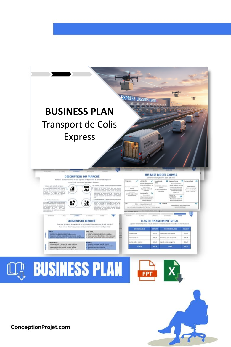 Pack Business Plan pour Transport de Colis Express - Modèle de business plan professionnel pour Transport de Colis Express, spécialement conçu pour les entrepreneurs, incluant un prévisionnel financier 100% automatisé, une stratégie marketing intégrée, ainsi qu’une analyse complète (SWOT, Business Model Canvas, étude de marché et analyse des risques). Ce document au design moderne et entièrement personnalisable sous Word est structuré pour répondre aux exigences des banques et des investisseurs, tout en permettant un gain de temps considérable grâce à son contenu pré-rédigé.