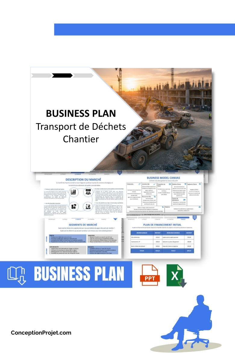 Pack Business Plan pour Transport de Déchets Chantier - Modèle de business plan professionnel pour Transport de Déchets Chantier, spécialement conçu pour les entrepreneurs, incluant un prévisionnel financier 100% automatisé, une stratégie marketing intégrée, ainsi qu’une analyse complète (SWOT, Business Model Canvas, étude de marché et analyse des risques). Ce document au design moderne et entièrement personnalisable sous Word est structuré pour répondre aux exigences des banques et des investisseurs, tout en permettant un gain de temps considérable grâce à son contenu pré-rédigé.