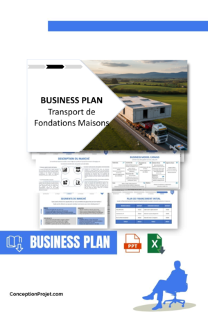 Pack Business Plan pour Transport de Fondations Maisons - Modèle de business plan professionnel pour Transport de Fondations Maisons, spécialement conçu pour les entrepreneurs, incluant un prévisionnel financier 100% automatisé, une stratégie marketing intégrée, ainsi qu’une analyse complète (SWOT, Business Model Canvas, étude de marché et analyse des risques). Ce document au design moderne et entièrement personnalisable sous Word est structuré pour répondre aux exigences des banques et des investisseurs, tout en permettant un gain de temps considérable grâce à son contenu pré-rédigé.