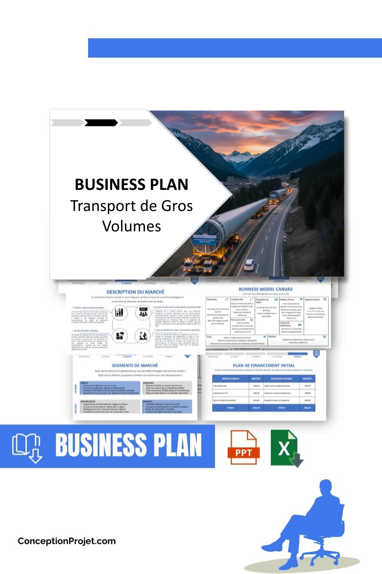Pack Business Plan pour Transport de Gros Volumes - Modèle de business plan professionnel pour Transport de Gros Volumes, spécialement conçu pour les entrepreneurs, incluant un prévisionnel financier 100% automatisé, une stratégie marketing intégrée, ainsi qu’une analyse complète (SWOT, Business Model Canvas, étude de marché et analyse des risques). Ce document au design moderne et entièrement personnalisable sous Word est structuré pour répondre aux exigences des banques et des investisseurs, tout en permettant un gain de temps considérable grâce à son contenu pré-rédigé.
