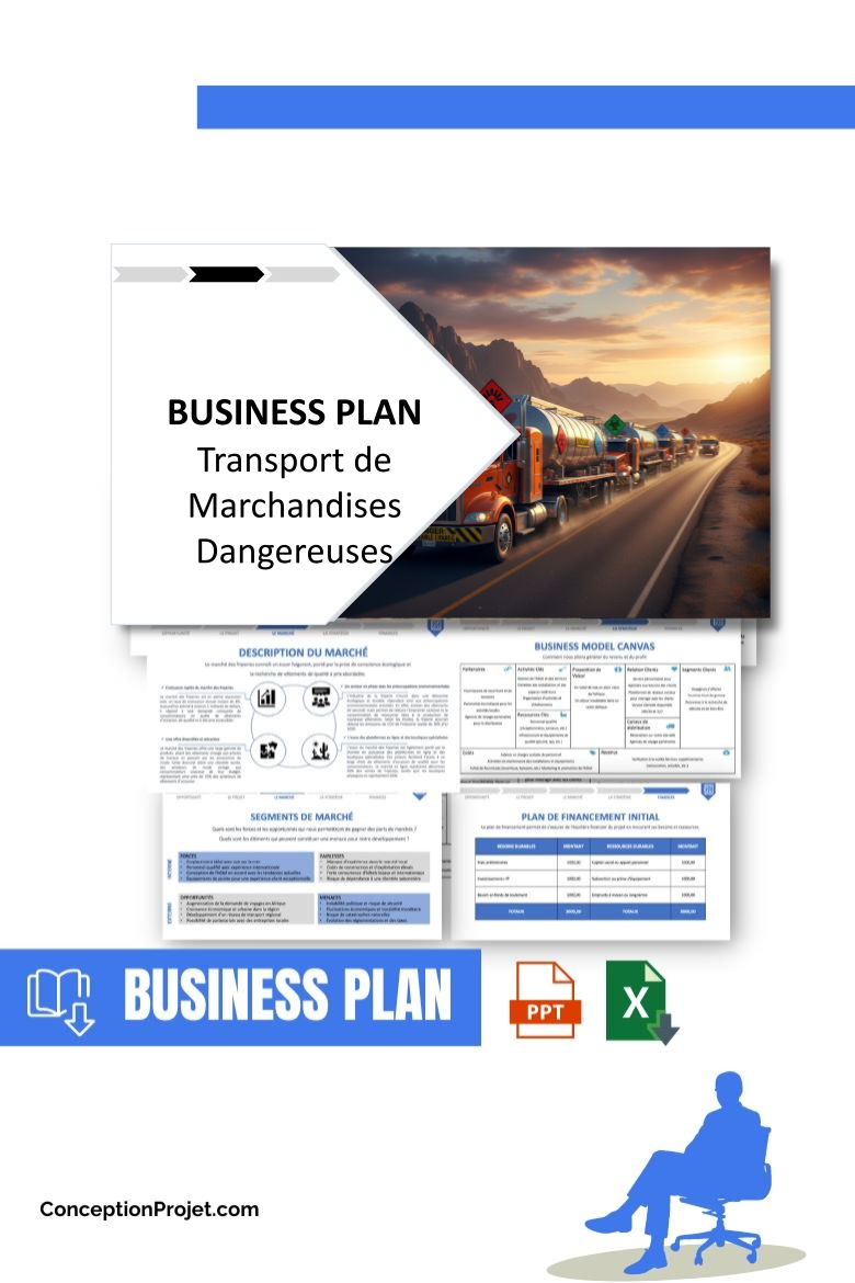 Pack Business Plan pour Transport de Marchandises Dangereuses - Modèle de business plan professionnel pour Transport de Marchandises Dangereuses, spécialement conçu pour les entrepreneurs, incluant un prévisionnel financier 100% automatisé, une stratégie marketing intégrée, ainsi qu’une analyse complète (SWOT, Business Model Canvas, étude de marché et analyse des risques). Ce document au design moderne et entièrement personnalisable sous Word est structuré pour répondre aux exigences des banques et des investisseurs, tout en permettant un gain de temps considérable grâce à son contenu pré-rédigé.